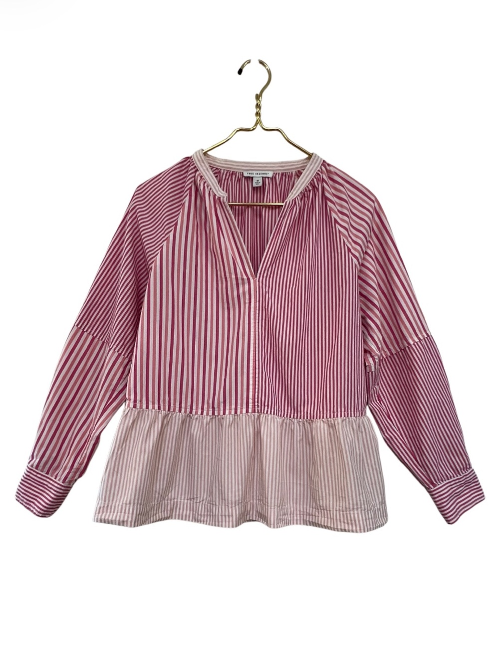 Striped Peplum Button Cuff Blouse - Pink & White - Picture 4 of 9